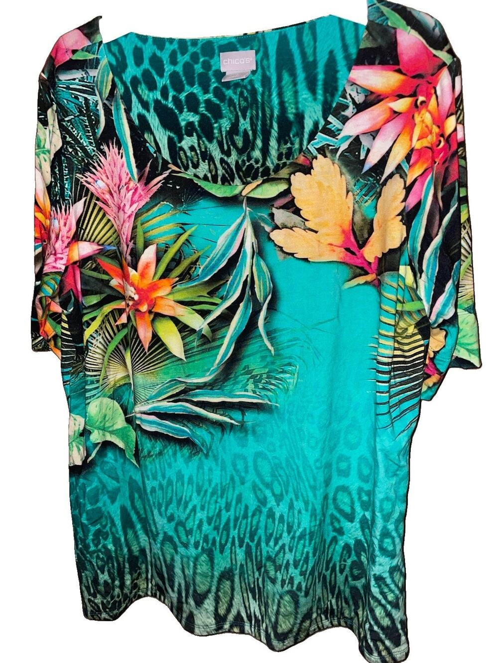 Chico’s Green Tropical Floral Print Scoop Neck Knit Top Sz 2 Large Heavy
